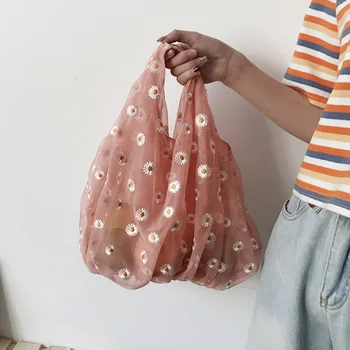 

Spring Women Small Transparent Tote Fresh Flower Blue Embroidery Handbag High Quality Woven beach Bag For Woman 2020