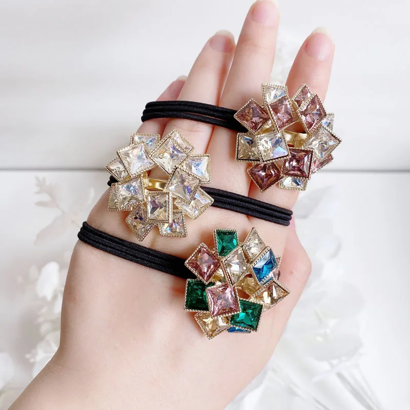 

korean rhinestone elastic hairbands Women's hair scrunchie accessories 2020 young girls bling double bangs hairstyle hairpin