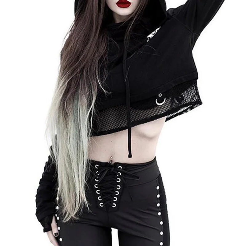 Готические толстовки Goth Dark в винтажном стиле с черным принтом Harajuku в стиле панк Grunge осень женские свитшоты с сеткой в стиле пэчворк Обрезанные