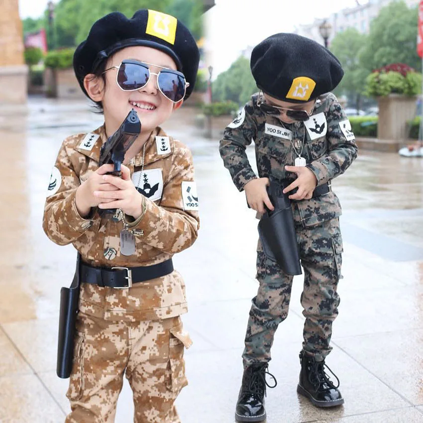 Детская камуфляжная военная форма, комплект одежды для мальчиков, 4 предмета, куртки для мальчиков-подростков, сон Джун Ки, косплей, вечерние, военные костюмы - Цвет: Khaki set with gun