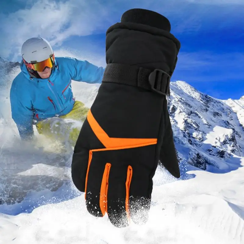 New Men Winter Windproof Ski Gloves Contrast Color Stripes Waterproof Warm Mittens