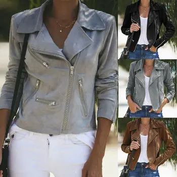 

2019 Fashion Women Ladies Coats Elegent Autumn Early Winter Soft Cool Zipper Biker Jackets Casual Flight Top Outwear Clothes