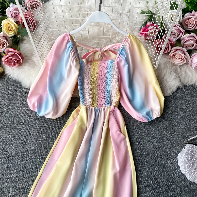 Women Rainbow Gradient Jumpsuit Square Collar High Waist Romper