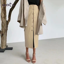 Винтажные юбки средней длины цвета хаки, женская элегантная офисная юбка, Женская однобортная прямая юбка из полиэстера с высокой талией, осень