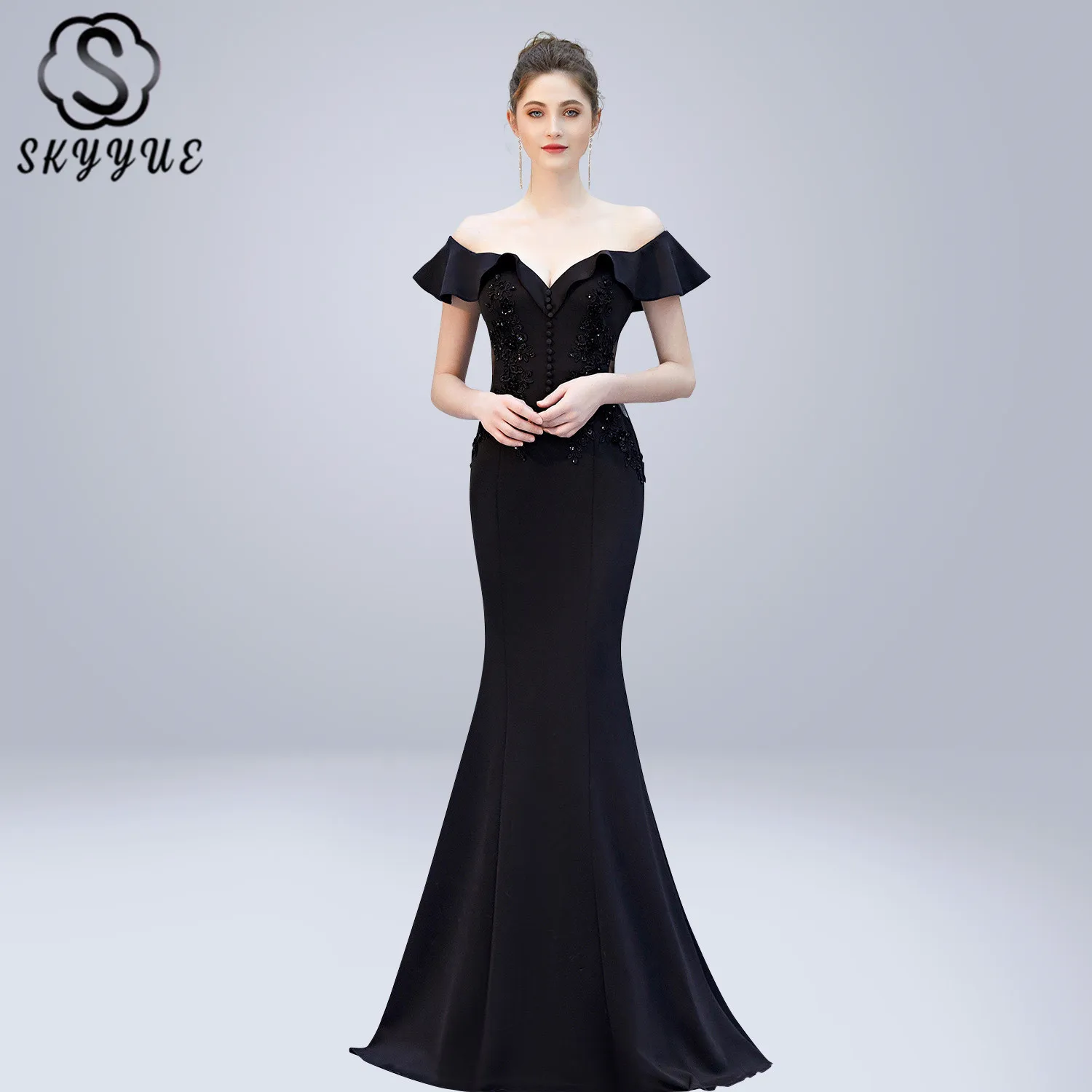 

Skyyue Evening Dress V-neck Crystal Women Party Dresses Backless Zipper Robe De Soiree 2019 Off The Shoulder Formal Gowns C270