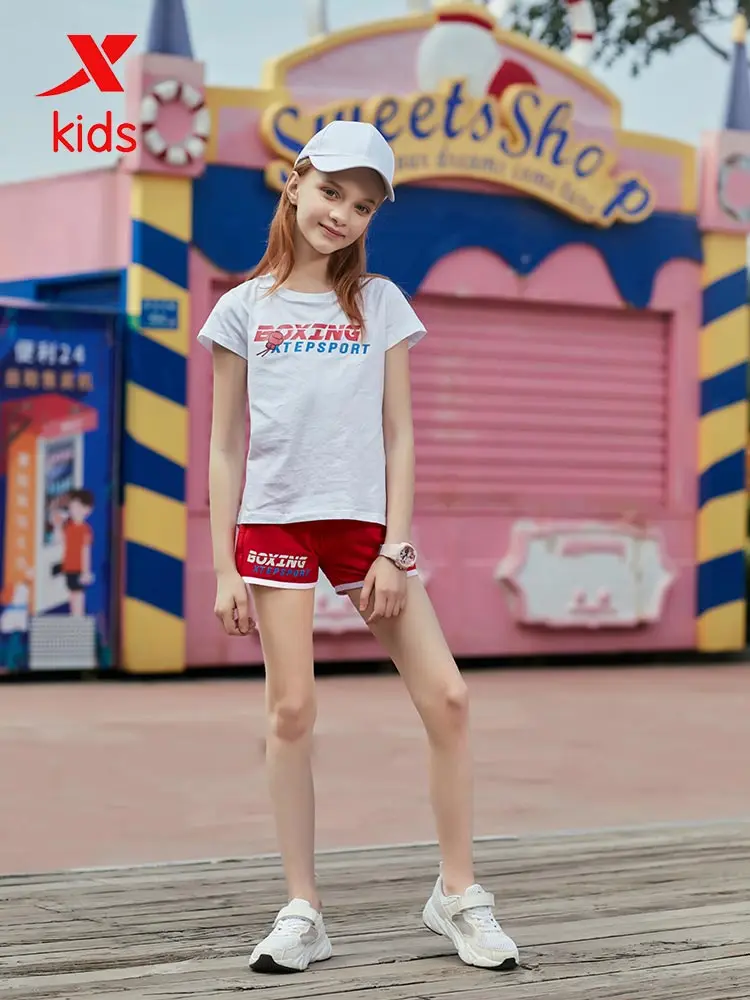 Xtep Summer Girls O-neck T-shirt Kids Casual Letter Pattern Short Sleeves Children Loose Sport Simple Tops 681224349114