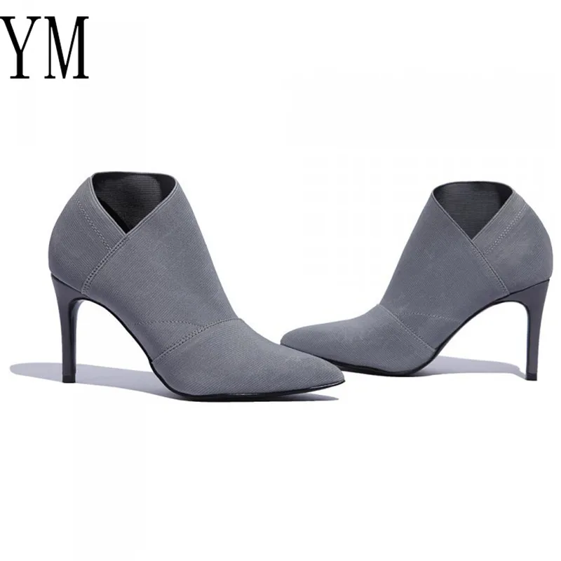 Grey Fashion Women High Heel Booties Large Size 34-41 Female High-Heeled Boots Young Ladies Booties 8.5cm Heel Cloth Boots