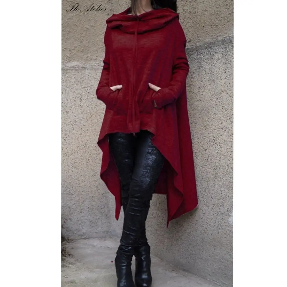 Зимние женские толстовки, чистый цвет, негабаритная Толстовка на шнурке, пуловер с длинным рукавом, сохраняющий тепло, с карманами, Длинная толстовка