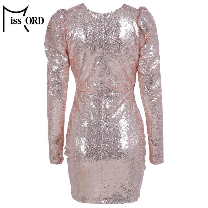 Missord, женское сексуальное платье с глубоким v-образным вырезом, длинным рукавом, блестками и оборками, женское элегантное мини облегающее платье, FT19903-2