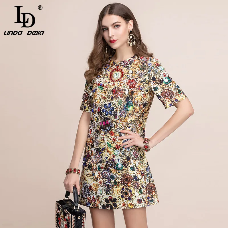 LD LINDA DELLA 2019 mode piste robe d'été femmes à manches courtes magnifique cristal perles rétro
