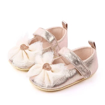 

Newborn Baby Girls PU Shoes Cute Solid Color Mesh Bowknot Design Anti-Slip Comfortable Soft Soled Princess Shoes o