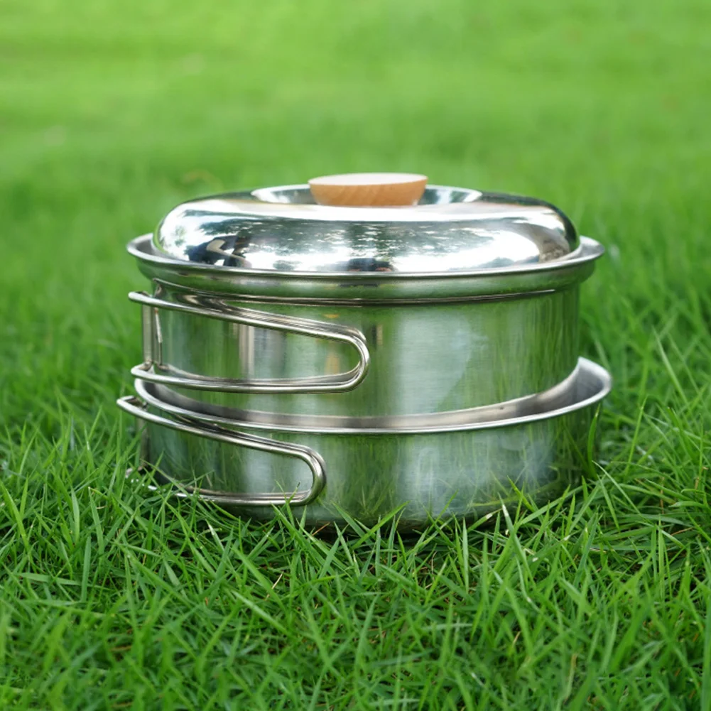 With Folding Handle Easy Clean Outdoor Camping Home Durable Picnic Portable Hiking Stainless Steel Cooking Set Cookware Pot Pan