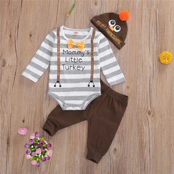 

2020 Infant baby boys girl Thanksgiving Romper+ Trousers+ Hat Cartoon Animal Pattern Long Sleeve Bow striped Festive Clothing