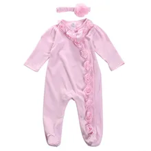 Комбинезон для новорожденных девочек от 0 до 9 месяцев, однотонный розовый комбинезон с длинными рукавами и рюшами для девочек, одежда повязка на голову, комплекты для девочек