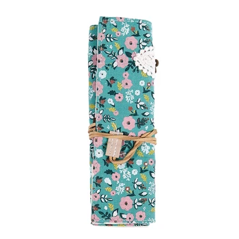 

Student Stationery Canvas Roll Up Pencil Case Pen Brush Wrap Makeup Cosmetic Bag Pattern:13. Green Flower Pouch