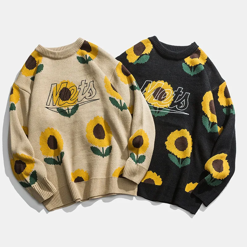

Retro Men Sweaters Sunflower Pattern O-neck Acrylic Oversize Hip Hop Streetwear Harajuku Pullover Autumn New Man's Sweaters