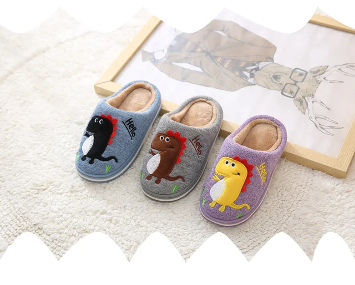 Suihyung/Детские теплые плюшевые тапочки; сезон осень-зима; домашняя обувь с забавным рисунком динозавра; мягкие Нескользящие домашние тапочки для мальчиков и девочек