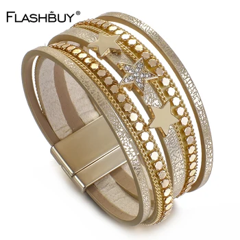 

FLASHBUY New Stars Leather Bracelets for Women Fashion Rhinestone 6 Color Simple Wide Wrap Bangles Costume Jewellery wholesale