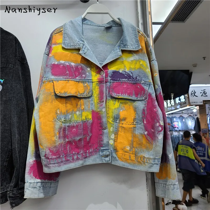 

Early Autumn 2020 New Loose Multicolor Hand-painted Graffiti Hit color Jeans jacket Women's Streetwear Casual Jaqueta Feminina