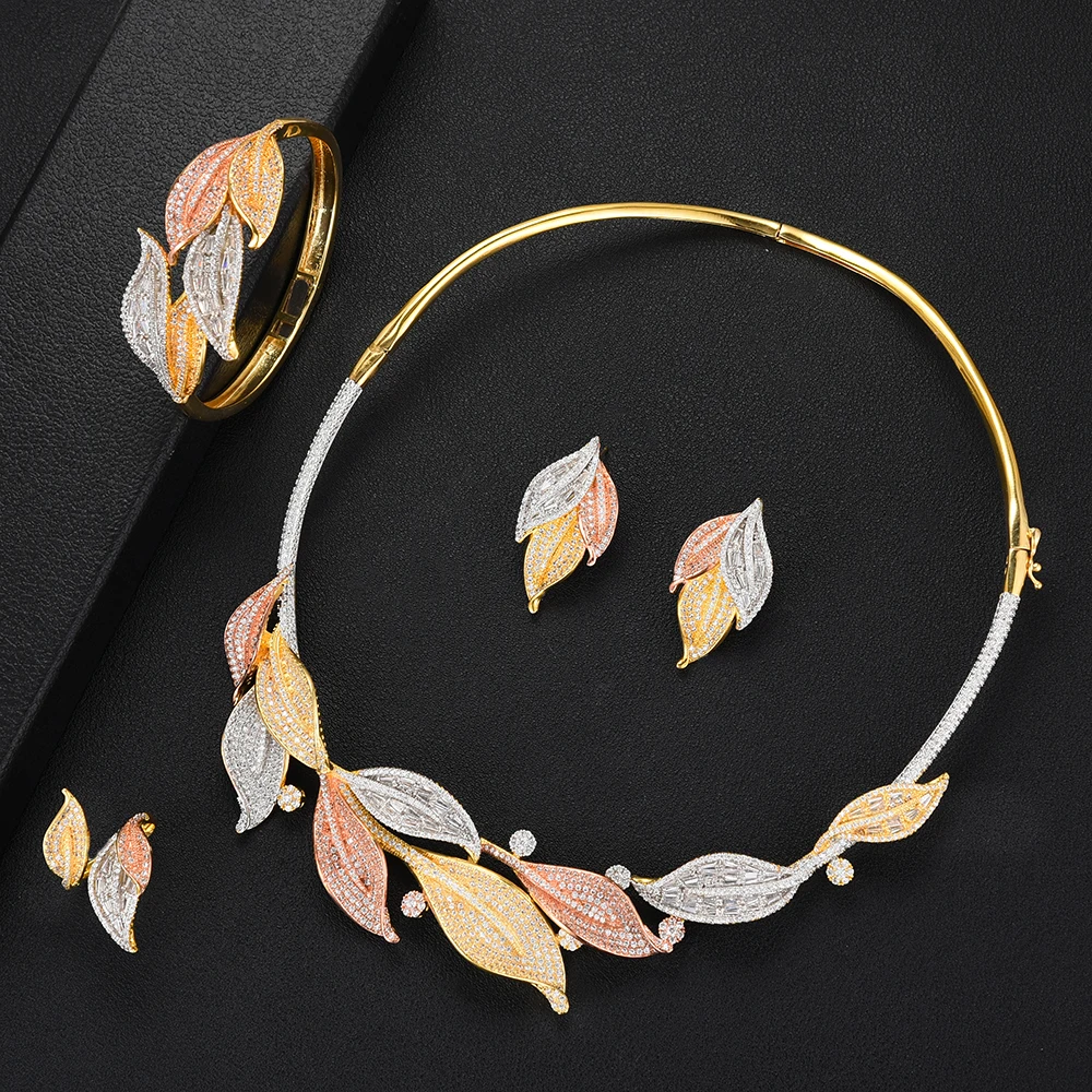 GODKI роскошный дизайн 4 шт. Блестящий лист завод серьги ожерелье набор украшений для женщин Романтические Свадебные обручальные ювелирные из... GODKI роскошный дизайн 4 шт. Блестящий лист завод серьги ожерелье набор украшений для женщин Романтические Свадебные обручальные ювелирные из...