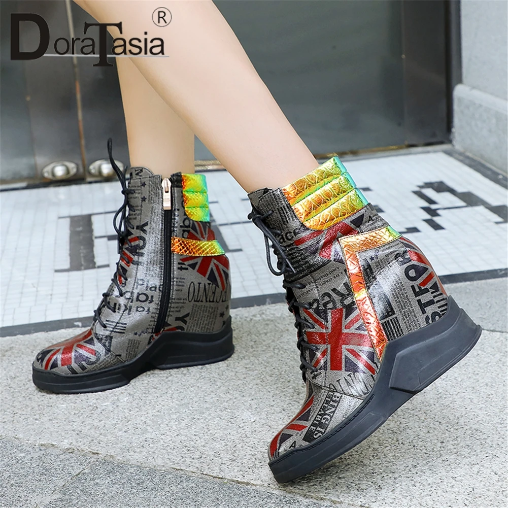 

DORATASIA New Winter Height Increase Ankle Boots Women 2019 Print lace-up High Top Booties High Heels Fur Shoes Woman Size 33-43