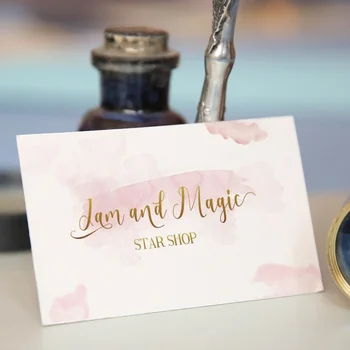 

Custom Double-Sided Business Card Template. Modern Universal Visit Card Design with Watercolors Background and Golden Letters