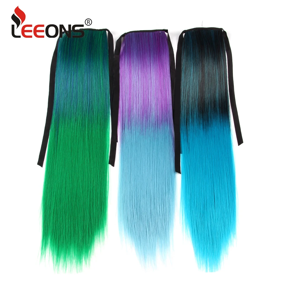 Leeons Synthetic Hair Ponytail Long Straight Around Clip In Ponytail Hair Extension Ombre Blue Cosplay Party