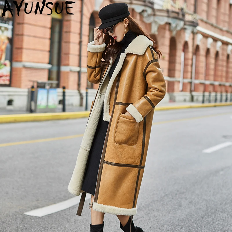 

AYUNSUE Double Faced Fur Coat Female Natural Sheep Shearling Fur Jackets Winter Jacket Women long Genuine Leather Jacket MY3975