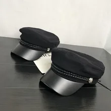 Зимние шерстяные шляпы матроса модные унисекс из искусственной кожи в стиле милитари для Для женщин мужские черные с плоским верхом Женская дорожная кадет шляпа Кепка Капитана