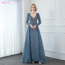 YQLNNE элегантные с длинным рукавом Вышитые вечерние платья v-образным вырезом Синие стразы ручной работы Формальные Вечерние платья Дубай