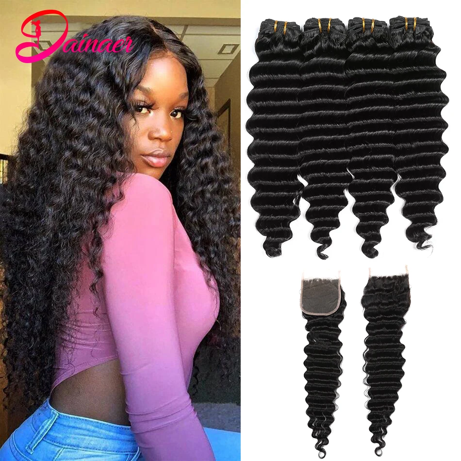 Dainaer-extensiones de cabello humano peruano de onda profunda, 4 mechones con cierre de 100%, cierre de encaje 4x4, Color negro Natural