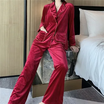 

Women's Long Sleeve Pajamas With Golden Velvet In Autumn And Winter Household Clothes Women's Pajamas Two Piece Set