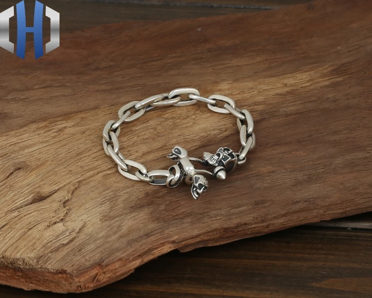 S925 Стерлинговое серебро ювелирные изделия Мужская мода ручной работы личности ретро тайское серебряное длинное Кольцо Череп Пряжка браслет