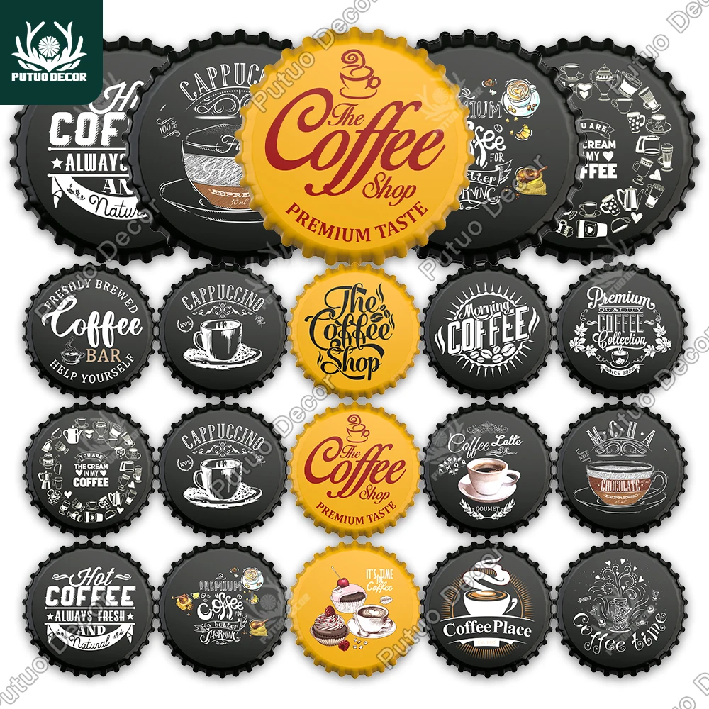 Putuo Decor Coffee Bottle Cap Metal Sign Plaque Metal Vintage Tin Sign Decor for Kitchen Cafe Pub Bar Club Home Wall Decoration