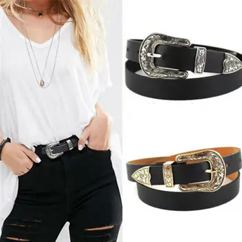 

New Hot Women Black Leather Western Cowgirl Waist Belt Metal Buckle Waistband New Hot Belts for Women Luxury Designer Brand