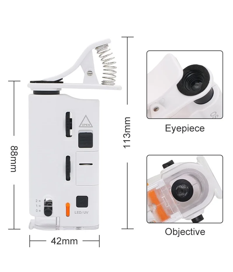 Description Picture 5 of item60X-100X Mini Microscope Portable Universal Clip Microscope Smartphone Microscope Magnifying Glass with LED UV Light Magnifiers