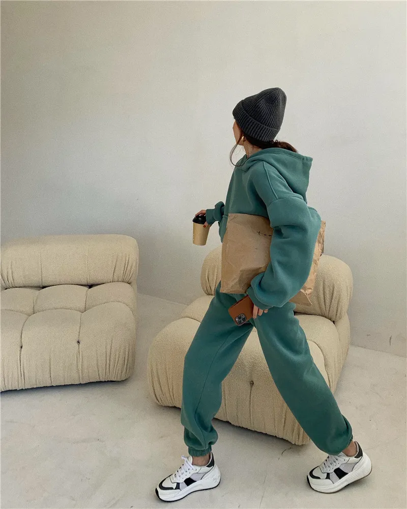 2022 Spring Women Hoodies Sweatshirt Tracksuit Fleece Cotton 2 Pieces Sets Female Pants Suits green pant suit