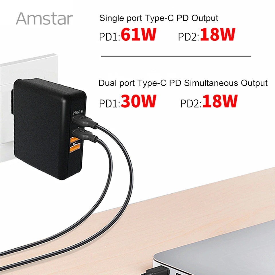 Amstar 61 Вт двойной USB C type-C PD быстрое зарядное устройство для MacBook Pro Air huawei hp ноутбук планшет двойной Quick Charge 3,0 адаптер питания