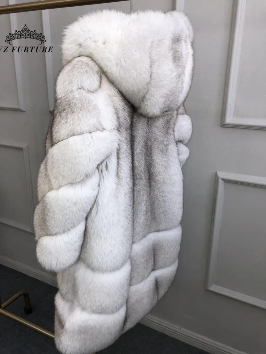 Новое зимнее натуральное меховое пальто для женщин, роскошная Толстая теплая куртка из лисьего меха с капюшоном 100 см, длинное модное пальто из лисьего меха FC-192