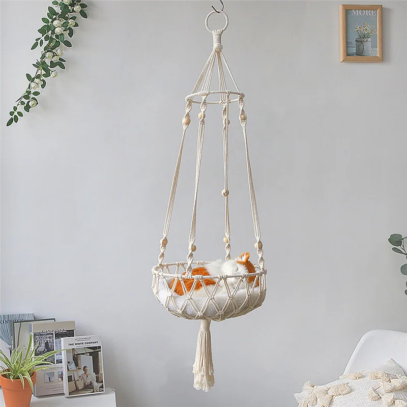 

Handwoven Macrame Pet Hanging Hammock Bed Cat Cage Swing Hanging Beds Handcraft Tassel Nest Mat Bed Bohe Tapestry Decoration