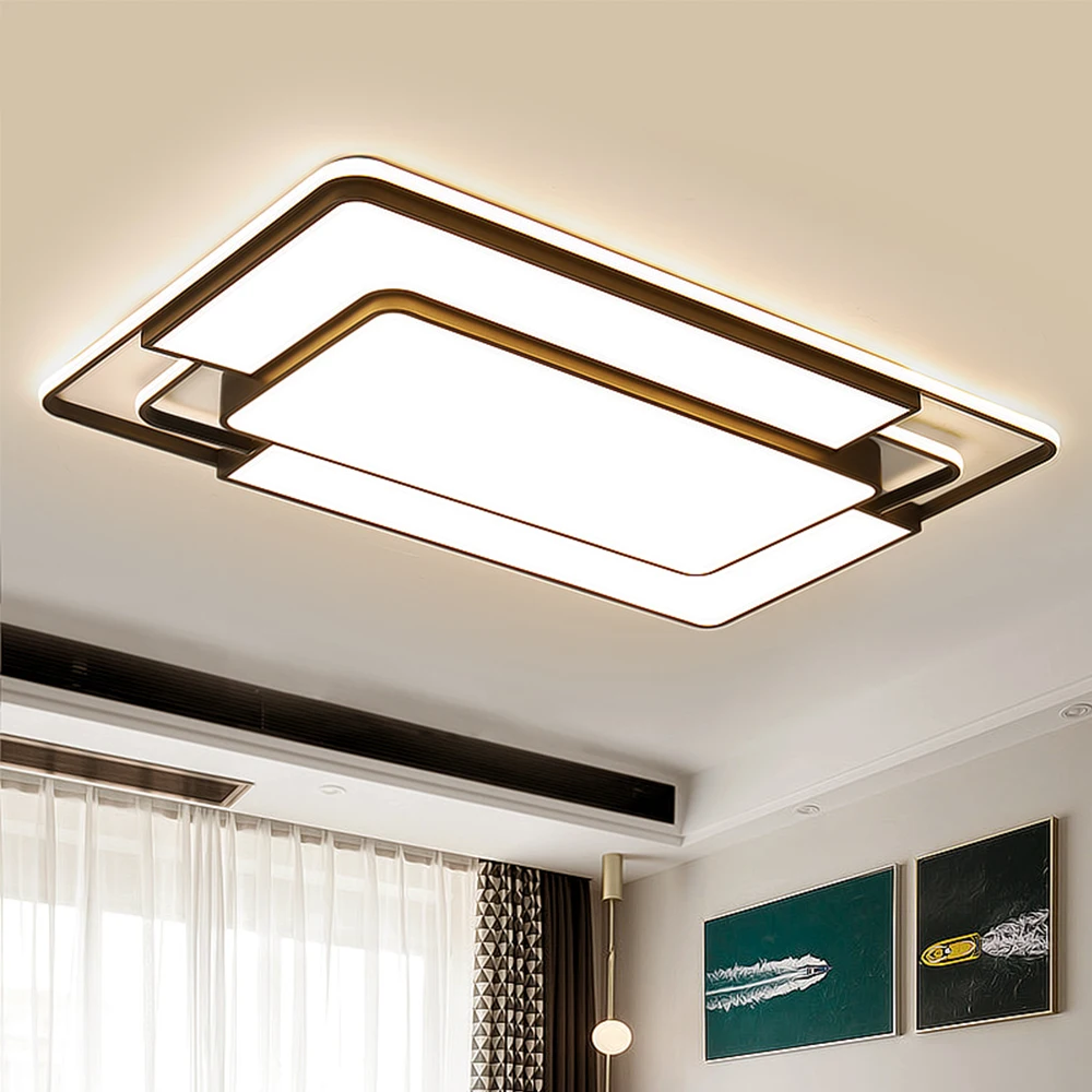Modern LED Rectangular Ceiling Light with Remote Control Black Metal Lamp Acrylic Lampshade for Bedroom Living Room Kitchen | Лампы и