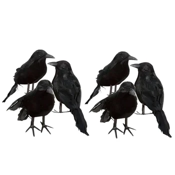 

Set of 6 Realistic Looking Halloween Ravens, Black Feathered Crows for Halloween Decoration