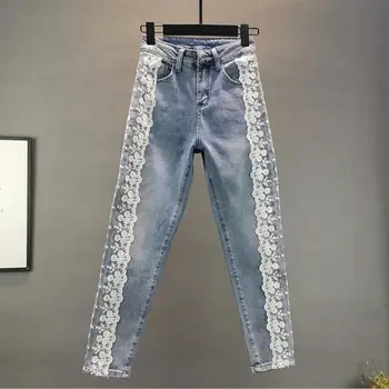 

Jeans women 2020 spring new European station net yarn embroidery stitching stretch was thin Harlan feet pants r2472