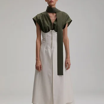 

Women Skirt Sets Lace Up Bowknot Shirt Blouse+High Waist Corset Midi Skirt