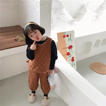 

Girls' Korean-Style Polka Dot Retro Thick Thermal Suit with Cotton Children's Western Style Floral Vest with Pants 2 Pcs Kids