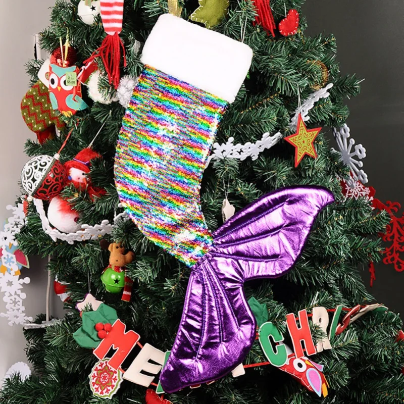 

Colorful Sequins Tail Design Socks Children Christmas Tree Decoration Hanging Socks Candy Bag Gift Christmas Gift Bag