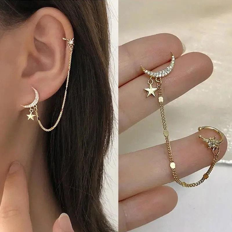 New Fashion 2022 Gold Color Moon Star Clip Earrings For Women Simple Fake Cartilage Long Tassel Ear Cuff Jewelry Gift | Украшения и