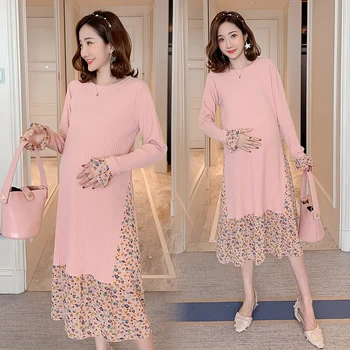 

1936# Sweet Floral Chiffon Pathcwork Knitted Maternity Party Dress Spring Korean Fashion Clothes for Pregnant Women Pregnancy