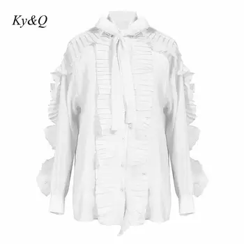

2020 Summer Women Fashion Pleated Ruffles Patchwork Bandage Bowknot Loose Shirt Tide Brand Designer Blouse Clothing
