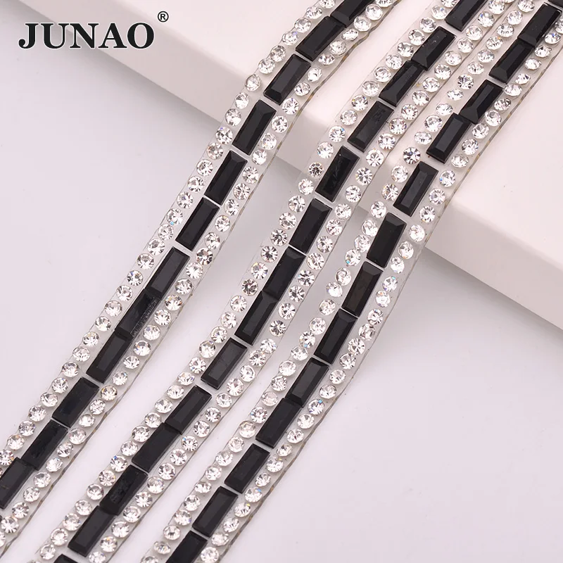 JUNAO-5-Yard-8mm-Hotfix-Black-Glass-Rhinestones-Fabric-Chain-Crystal-Ribbon-Trim-Strass-Beads-Applique